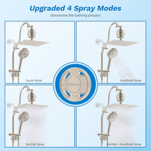 Image of Hibbent 12 inch Dual Filtered 10 inch Rainfall Shower Head with Handheld 10-Spray | High Pressure Metal Brushed Nickel Showerhead Combo with Filter, Extension Arm with 4-way Diverter, 71'' Hose & Holder