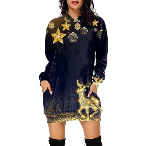 Weihnachtspullover Kleid Damen Ugly Christmas Pullover Lang Schneemann Muster Lässig Weihnachtskleid Kitschige Baggy Loose Fit Kapuzenpullover mit...
