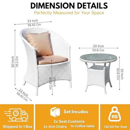 Image of DEVOKO 3 Piece White Rattan Outdoor Patio Bistro Set with Cream Cushion & Glass Top Table Ideal for Balcony, Garden, Deck, Lawn, Poolside