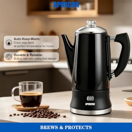 Image of APOXCON Electric Coffee Percolator Stainless Steel Coffee Maker with Glass Knob On /OFF Switch Keep Warm Classic Coffee Pot - No Aluminum No Plastic Contact with Beverage Black (12 Cup)