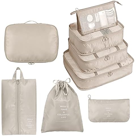 Bansga 8-teiliger Kleidersack, Verpackungswürfel, Verpackungswürfel, Urlaubs- und Reise-Hängekorb-Set, Gepäckorganizer Reisewürfel, Gepäckorganisationssystem, Verpackungswürfel-Beige Cover