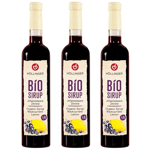 Höllinger Bio Johannisbeer-Zitrone Sirup - Vegan, 3x500ml Glas Flasche - fruchtig frisch
