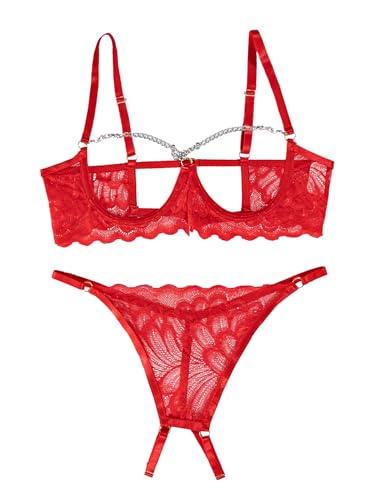 Image of Lilosy Sexy Underwire Floral Lace Sheer Lingerie Set for Women See Through Bra and Panty 2 Piece