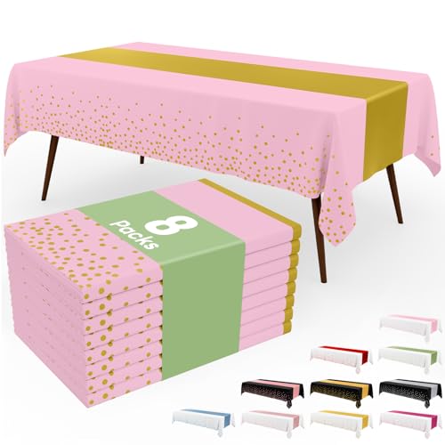Image of Smiry Plastic Table Cloth Disposable 8 Pack, 54 x 108 Inch Rectangle Waterproof Tablecloth, Printed Gold Table Runner Style for Birthday Weeding, Party Decorations, Leakproof & Sturdy, Pink and Gold