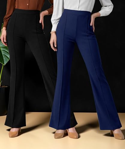 Image of Women Solid Flared Trousers Pack of 2 | High Waist Stretchable Office Pants for Women | Formal Bell Bottom Palazzo Trouser Combo