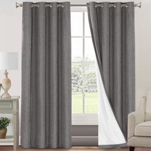 Image of PrinceDeco Blackout Curtains 90 inch Long 2 Panels Set 100% Blackout Curtains for Bedroom Grommet Top Thermal Insulated with White Liners Flax Textured Full Blackout Window Draperies,W52 X L90, Grey