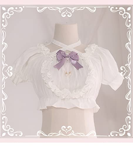 Image of Sweet Lolita Puff Short Sleeve Blouse Teen Girls Japanese Gothic Ruffle Halter Neck Soft Crop Top with Bow