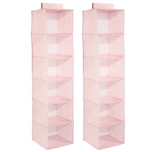 mDesign Long Soft Fabric Over Closet Rod Hanging Storage Organizer with 6 Shelves for Clothes, Leggings, Lingerie, T Shirts - Textured Print with Solid Trim - 2 Pack - Linen/Tan
