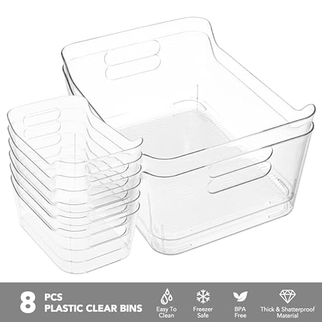 Tiawudi Set of 8 Clear Plastic Storage Bins, 2 Extra Large and 6 Small Storage Containers for Pantry Organization, Multi-Use Organizer Bins for Home, Kitchen, Cabinet, Bathroom, Fridge & Freezer