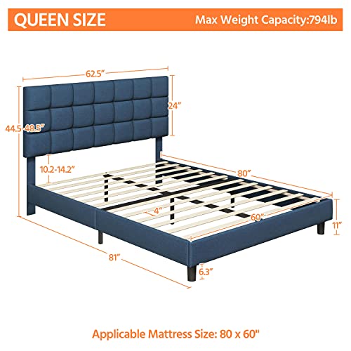 Yaheetech Queen Size Upholstered Platform Bed, Mattress Foundation With Height Adjustable Tufted Headboard And Wood Slat Support, No Box Spring Needed, Easy Assembly, Navy Blue #TOP1