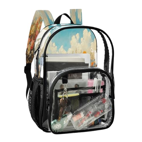 Wild Flowers Oil Painting Clear Backpack - Stadium Approved Large 15.7-inch Waterproof Transparent Bag for Sports, Concerts, Work, Travel#2332