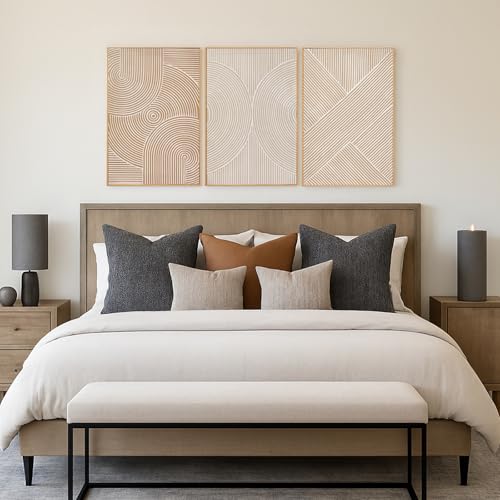 Image of Zessonic Neutral Minimalist Textured 3D Wall Art Abstract Hand-Painted Framed Wall Decor Geometric Artwork Canvas Paintings- Living Room Bedroom Office - Modern Boho Neutral Line 16 inchx24 inch 3 piece