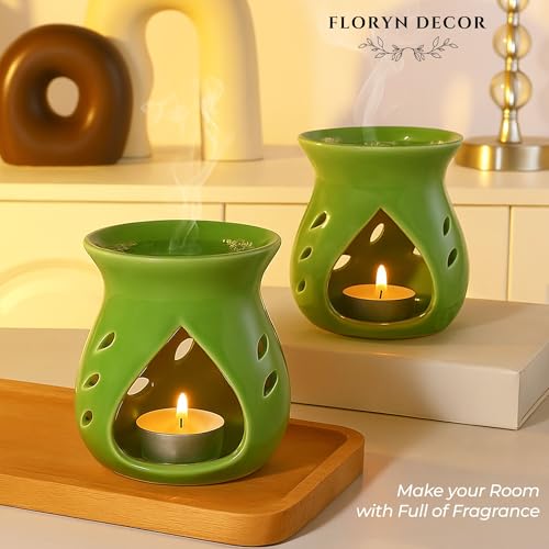 Image of Floryn Decor Ceramic Diffuser with Free 2 Tealight Candles | Home Fragrance, Spa, Office & Yoga | Aromatherapy Gift Set of 2 (Green)