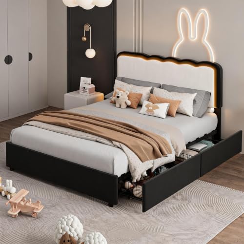 Image of Garvee Irregular Wave LED 2-Drawer Soft Upholstered Bed, Soft Padding