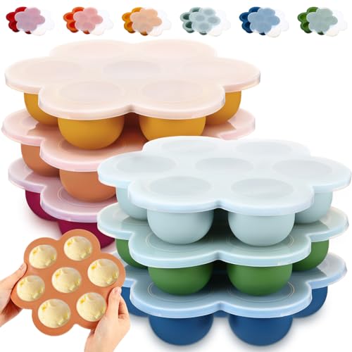 Image of FoldTier 6 Pcs Silicone Baby Food Freezer Tray Reusable Silicone Egg Bite Molds Stackable Baby Food Storage Containers with Clip on Lid for Storage Vegetable Fruit Purees Breast Milk Pot, 6 Colors