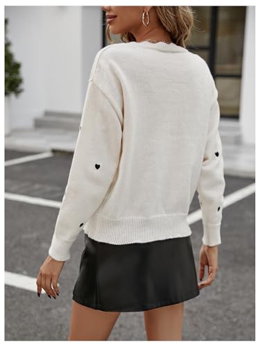 Image of BEAUDRM Women's Heart Pattern V Neck Sweater Scallop Trim Long Sleeve Pullover Tops Beige Small