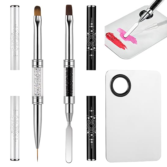 GEMSANVA Double Ended Nail Builder Gel Brush and Palette Set French Tip Brushes Hard Gel Flat/Oval Nail Brushes Liner Brush & Spatula Nail Design Tools for Salon & DIY Use3PCS