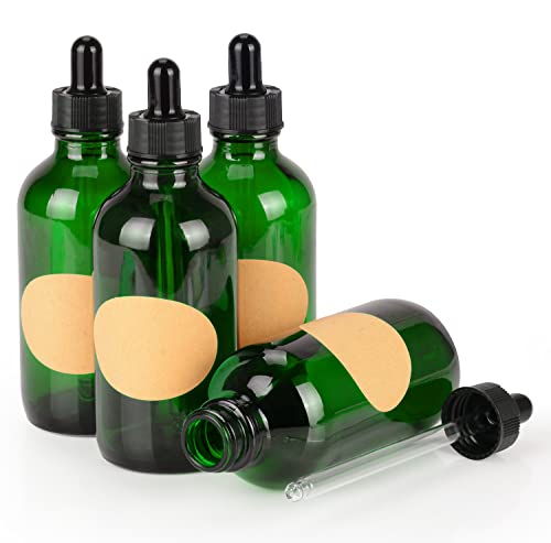 Stonylab 120ml (4 oz) 4 Pack Frasco Gotero de Vidrio Verde, Botella Cuentagotas Con Tapón Interno y Etiqueta, Para Fragancias de Aromaterapia de Aceites Esenciales