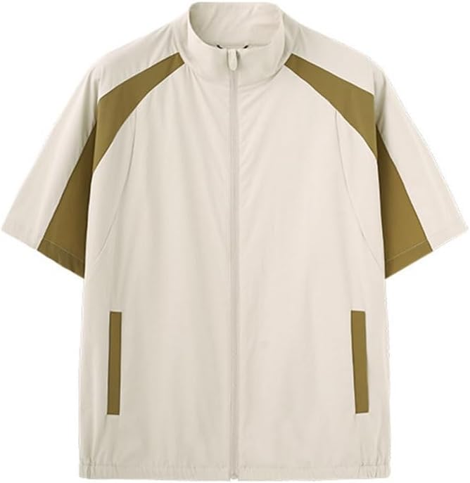 Outdoor Stand-up Collar Short Sleeves Fashionable Cotton Nylon Versatile T-Shirt Loose Pullover Breathable Vest(Beige,X-Large)