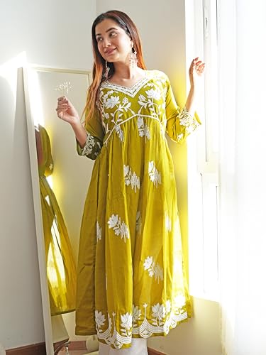Image of EthnicJunction Women's Silk Blend Regular Fit Chikankari Embroidered Naira Cut Kurta