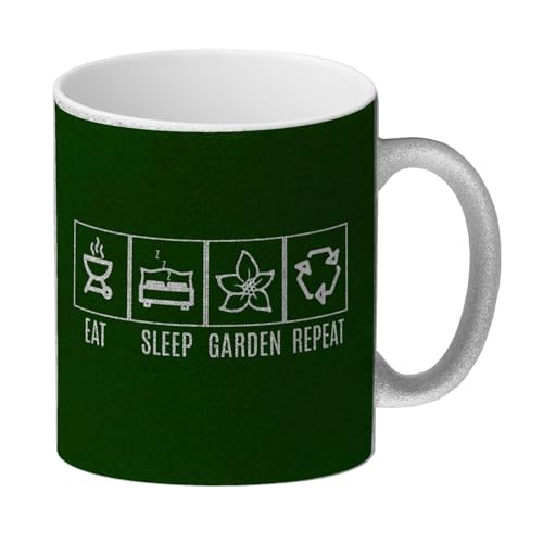 speecheese Eat sleep GARDEN repeat Glitzer-Kaffeebecher Auf der Suche nach einem ausgefallen Geschenk ist dieser Kaffeebecher besonders geeignet für: Gärtner Pflanzenfreunde Hobbygärtner