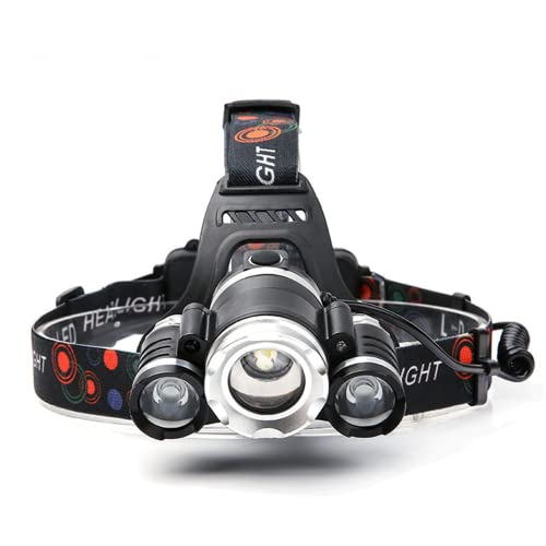Linterna Frontal LED Recargable, 8000L, Alta potencia, 3 focos potentes, 5 modos de luz + función de Zoom, Súper Brillante, IMPERMEABLE, Ajustable cabeza, Rotación 90º, Acampada, Camping, Senderismo Cover