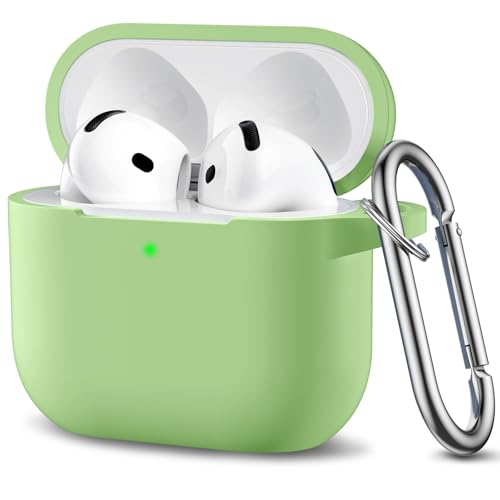 Ouwegaga Compatible for AirPods 4th Generation Case 2024- Full Body Protective Case, Shock-Resistant Silicone Case Cover Compatible with Apple AirPod 4 Case, Front LED Visible, With Carabiner, Matcha
