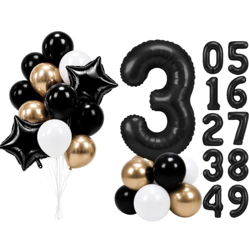 Image of PartyWoo Black Number 3 Balloon 40 Inch 25pcs Black Foil Star White Gold