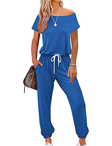 LILLUSORY Women's Summer Romper: Short Sleeve, Off Shoulder, Loose Fit, Drawstring Waist, Solid Color