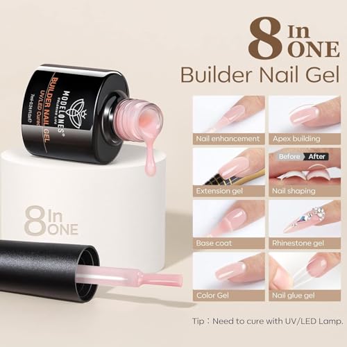 Image of modelones Builder Nail Set, Builder Base Colors Nude Netural- 6Colors, Soft Blush Hard Strengthener Rubber Base Gel Polish 8-in-One Extension LED Nail Lamp Cured