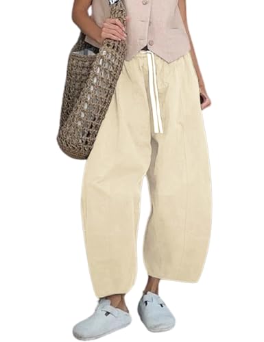 Wyeysyt Barrel Jeans Women Wide Leg Elastic Waistband Cotton Pants Baggy Palazzo Pants with Pockets(Beige-S)