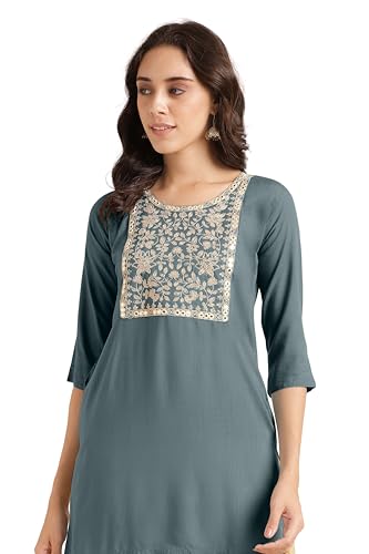 Image of MIRCHI FASHION Women's Straight Fit Rayon Sequins Embroidered and Polka Dots Printed Kurti Only