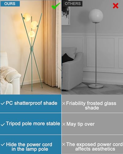 Image of Lightdot Dimmable Green Tripod Floor Lamp, Mid Century Standing Lamps with 3 Globe Soft Warm White Eye Care 3000K Bulbs Included, Modern Tall Lamp for Living Room /Bedroom /Sofa Beside /Corner Decor