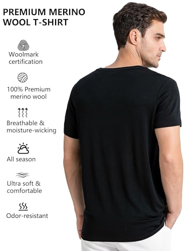 innotree Men's Merino Wool T-Shirt, 100% Organic Merino Wool Undershirt Lightweight Crew Short Base Layer for Hiking,Black,Medium2