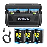 Palogreen 3 Hero 12 batterie 2000mAh con caricatore per Go-Pro Hero 12/11/10/9 Black, 3 canali, con display LCD, slot per schede TF, adatto a basse temperature, formato tascabileg
