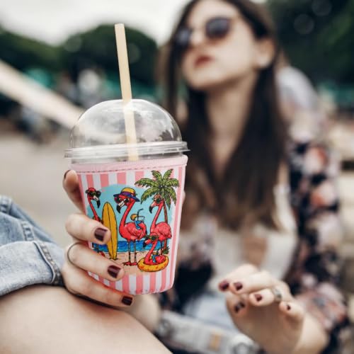 Image of Reusable Insulated Sleeve for Iced Coffee Cup, Coffee Neoprene Sleeve for Cold & Hot Drinks, Beverage Holder for Iced Coffee (Flamingo Stripes, Large: 32oz)