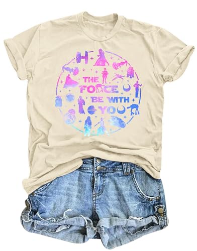 Image of FRYAID Women May The Power Be with You Graphic T Shirt Short Sleeve Casual Tops Summer Fun Vacation Shirt Soft Casual Fit