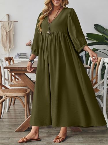 Image of Celmia Autumn Solid Loose Long Maxi Dress Cotton Caftan