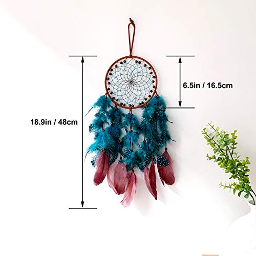 TEESHLY Dream Catchers with Peacock Blue Polka Dot Feather - Handmade Dreamcatchers for Boho Wall Hanging Decoration, Home Ornament Festival Gift - Thumbnail 5