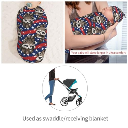 Image of Funny Raccoons with American Flag Newborn Swaddle Blankets Hat Sets Soft Baby Receiving Blanket Swaddle Sack for Baby Shower Infant Boy Girl Gift