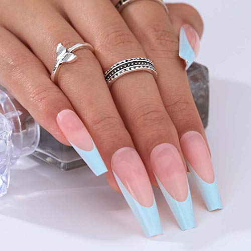 Outyua French Extra Long Press on Nails Glossy Coffin Fake Nails V Shape Super Long False Nails Acrylic Ballerina Full Cover Nails 20Pcs for Woemen and Girls (Light Blue)