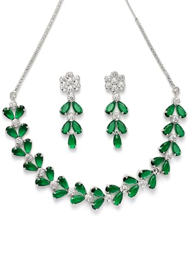 Image of Karatcart Silver Tone Green American Diamond Studded Necklace Set for Women