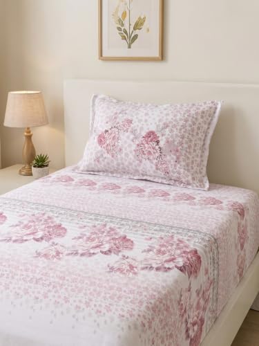 Image of Mafatlal 186 TC Spring Glory 100% Cotton Single Flat Bedsheet | 60 x 90 Inches | Soft & Breathable Floral Printed Bed Linen | Includes 1 Matching Pillow Cover | Pastel Pink