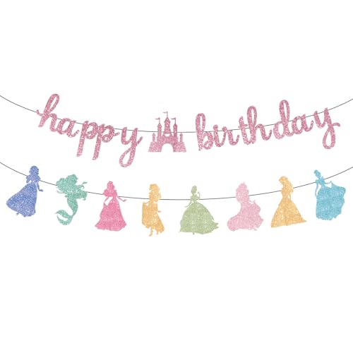 Image of Pink Happy Birthday Princess Banner Decorations Pink Garland Glitter Bunting for Girls Coquette Birthday Party Decorations Favor Supplies