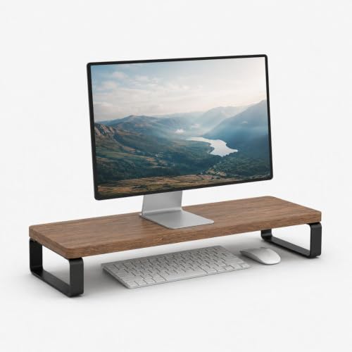 Image of Decorlay Engineered Wood Monitor Stand Countertop Organizer Shelf for Kitchen, Bathroom & Office | Engineered Wood Top with Heavy Duty Metal Legs | Multipurpose Storage Riser Stand | Rustic Brown