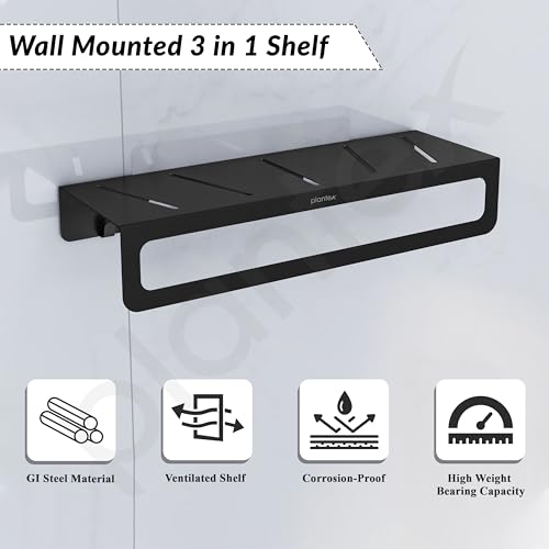 Image of Plantex Alloy Steel No Drill Bathroom Organiser /Self Adhesive Wall Mount Multipurpose Shelf /Rack /Towel Rod /Hooks for Bathroom - Pack of 1 (15 x 5 Inch, Black)