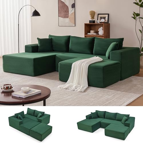 Image of Mangodan 110 inch Cloud Sectional Couch, Modular Sectional Sofa with Deep Seat, Boneless Sofa for Living Room, Fluffy Comfy U-Shaped Couch with Left Facing Chaise, No Assembly Required, Green