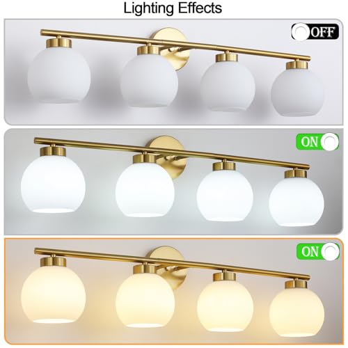 Image of 4 Light Bathroom Vanity Light, Gold Bathroom Light Fixtures Over Mirror, Mid Century Modern Wall Light with Frosted Globe Glass Shades, 32 inch Brass Vanity Lights, E26 Socket