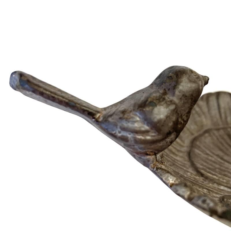 Bain Oiseau Fleur Coupelle à Oiseau Bénitier sur Pic Fonte et Acier Patiné Marron Tuteur 14,5x17,5x87cm