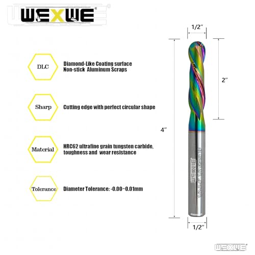 Image of Tools Extra Long Ball Nose Carbide End Mill, CNC Cutting Tools for Aluminum Cutting,Wood Cutting, More Wear Resistant, Suit for 3D Carving & Engraving. 2 Flute Router Bits (1 /2-4 inch 1pcs